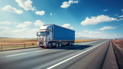 A truck drives on the highway, transporting cargo containers. Seen from the front. Blue sky background.