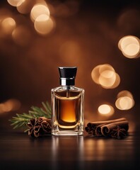 Obraz na płótnie Canvas men's perfume bottle with masculine scent and decorative pieces of pine, cedar, sandalwood, cinnamon 