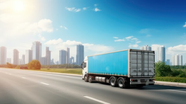 A truck drives on the highway, transporting cargo containers. Seen from behind. blue sky cityscape background.