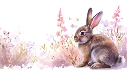 Watercolor Bunny in Pastel Floral Meadow. A bunny sits amidst a soft watercolor painting of pastel flowers.