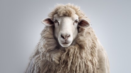 Fototapeta premium Animal rights concept A sheep with fluffy white fur on light background