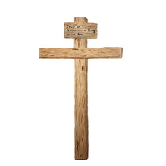 Watercolor wooden cross with inscription on it, religious illustration isolated on white