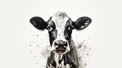 Animal rights concept a cow face in black and white with splatter effects. - obrazy, fototapety, plakaty