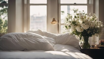 messy hotel bed with white sheets and fresh flowers on the headboard. sunlight coming through the window
