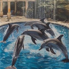 dolphins jumping in pool, sea animals