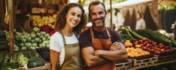 Man and Woman Standing in Front of a Produce Stand
