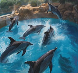 dolphins jumping in pool, sea animals