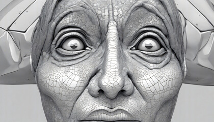 Schwarz - weiß Zeichnung. Vor Angst verzerrtes, starres Gesicht einer älteren Frau.