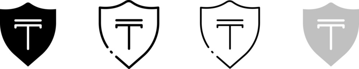Tenge inside shield icon. Different styles, Tenge set inside the shield, protection design. Vector icons