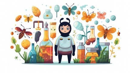 Mascot illustration of children wearing bee costumes, decorated with butterfly bee patterns in a biology laboratory. - obrazy, fototapety, plakaty