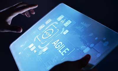 Agile development methodology concept on virtual screen. Technology concept.