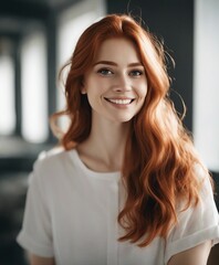 portrait of attractive college student girl with red hair and sincere smile, isolated white background
