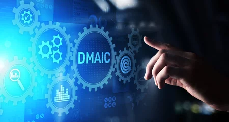 Fotobehang DMAIC Define Measure Analyze Improve Control Industrial business process optimisation six sigma lean manufacturing technology concept on virtual screen. © WrightStudio