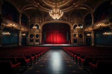 Theater stage with red curtains, spotlights and empty seats rows. Theatre interior with wooden scene with luxury velvet drapes, music hall, opera, drama - obrazy, fototapety, plakaty