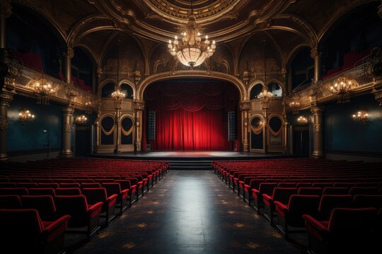 Theater stage with red curtains, spotlights and empty seats rows. Theatre interior with wooden scene with luxury velvet drapes, music hall, opera, drama