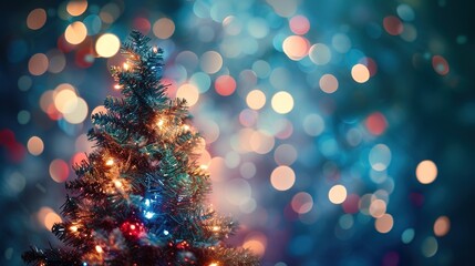 Christmas lights illuminate abstract tree against festive background.