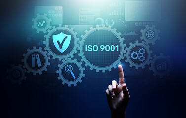 ISO 9001 Standards quality control business technology concept on virtual screen.