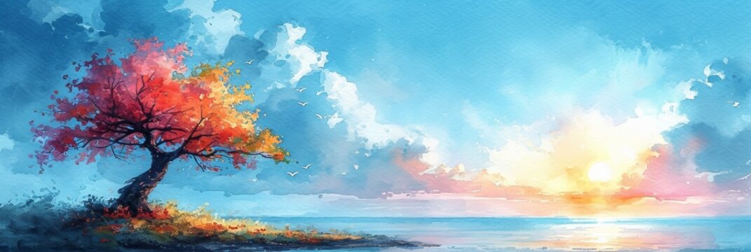 A vibrant watercolor illustration of a sea sunset with a colorful sky and beach.