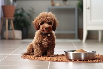 Adorable Poodle Puppy with Food Bowl