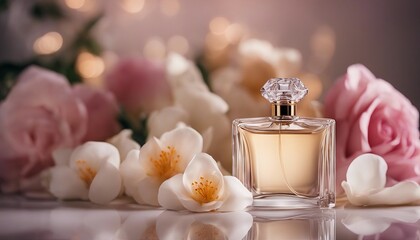 silk fabric with an elegant perfume bottle and decorative jasmine flower, iris flower, rose flower.
