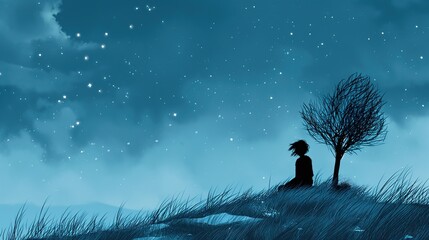 grungy noise texture art, silhouette shadow of a girl sitting under starfield starry night sky at grass hill, whimsical fantasy fairytale contemporary creative illustration, Generative Ai