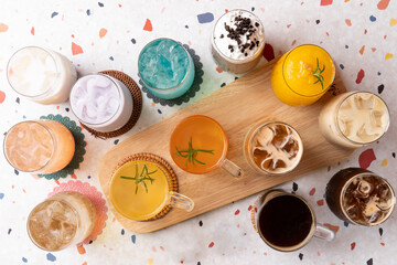 Blue orange monster, americano, coffee, ice, green tea latte, strawberry, latte, grapefruit, green grapefruit, ade, bubble tea, citrus tea, mango smoothie,