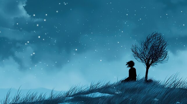 grungy noise texture art, silhouette shadow of a girl sitting under starfield starry night sky at grass hill, whimsical fantasy fairytale contemporary creative illustration, Generative Ai