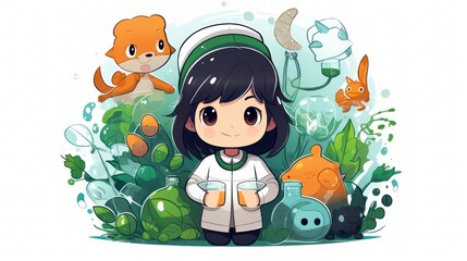Fototapeta premium Illustration of a female student studying biology in a laboratory with a decorative background of green plants and animals.