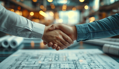 Two people shaking hands over a table with construction plans. Generative AI