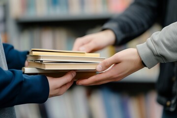 Handing Over a Stack of Books, two individuals exchanging a stack of hardcover and paperback books.