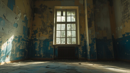 Abandoned room with peeling paint and broken windows, stark lighting casting deep shadows, atmosphere of neglect and hopelessness