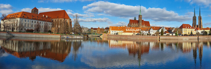 Naklejka na ściany i meble Panoramic view of the Old Town of Wroclaw with St. John Cathedral and Odra River. Wroclaw, Poland