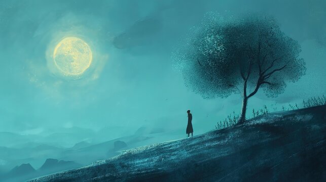 grungy noise texture art, a girl on hill at night time with full moon and a tree , whimsical fantasy fairytale contemporary creative illustration, Generative Ai