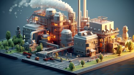 Illustration of an industrial factory with power plant chimneys, 3D isometric design building. - obrazy, fototapety, plakaty