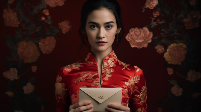 Happy Chinese new year. Asian woman wearing traditional qipao dress holding angpao or red packet monetary gift