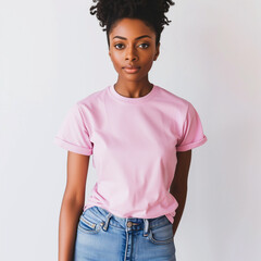 Pink T-shirt Mockup, Black Woman, Girl, Female, Model, Wearing a Pink Tee Shirt and Blue Jeans, Blank Shirt Template, White Background, Close-up View