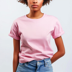 Pink T-shirt Mockup, Black Woman, Girl, Female, Model, Wearing a Pink Tee Shirt and Blue Jeans, Blank Shirt Template, White Background, Close-up View