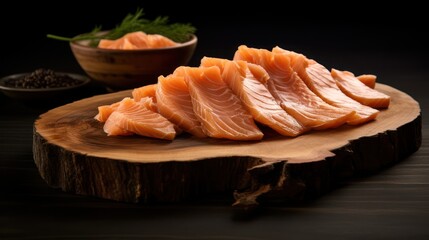 Slices of fresh raw salmon are neatly arranged on a wooden cutting board, with a sprinkling of natural spices.	
