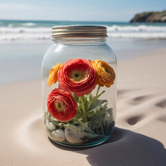 A Captivating Ranunculus Jar Amidst Beach Serenity AI GENERATED