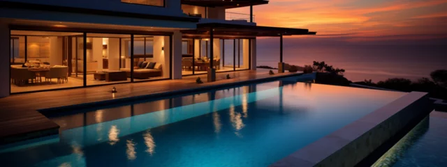 Foto op Canvas luxury vacation destination terrasse at sunset with pool © Holly Berridge