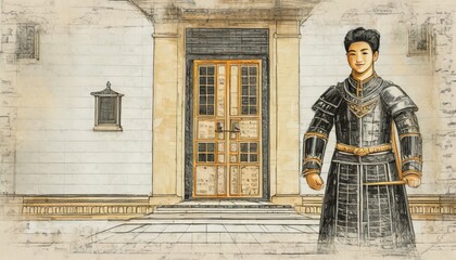 samurai, vestido com uma armadura preta e cabelo preto curto, entrada de sua mansão, segurando uma lança preta, desenho em preto e branco.
 - obrazy, fototapety, plakaty