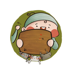 Captivating Children's Book Style Illustration: Joyful Art of a Child Holding a Wooden Board