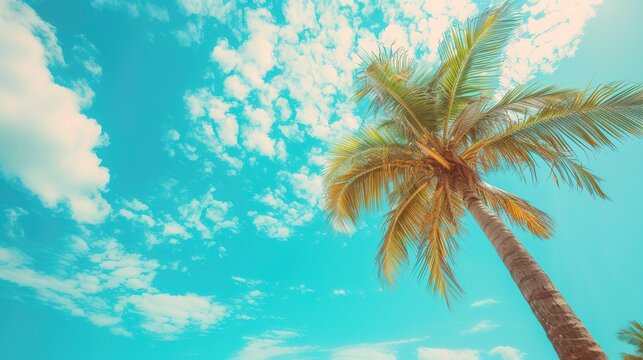 Abstract background of white clouds and blue sky with palm tree on tropical beach.