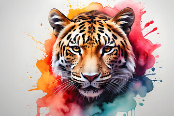 Digital art of powerful colorful leopard face, Ai Generative