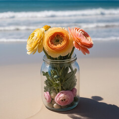 A Captivating Ranunculus Jar Amidst Beach Serenity AI GENERATED