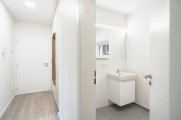 A Bright bathroom with a sink and mirror, and a hallway leading to an exit door.