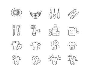 Dental Hygiene Icon collection containing 16 editable stroke icons. Perfect for logos, stats and infographics. Edit the thickness of the line in Adobe Illustrator (or any vector capable app). - obrazy, fototapety, plakaty