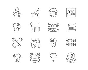 Dentistry and Teeth Icon collection containing 16 editable stroke icons. Perfect for logos, stats and infographics. Edit the thickness of the line in Adobe Illustrator (or any vector capable app).