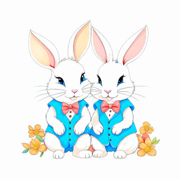 Two cute cartoon rabbits on a white background isolated. Design for babies and children.