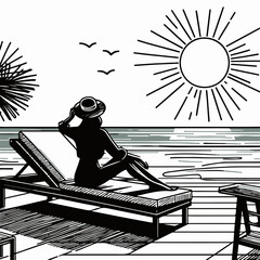 Obraz premium Woman sunbathing on a deck chair at the beach. Vector illustration.